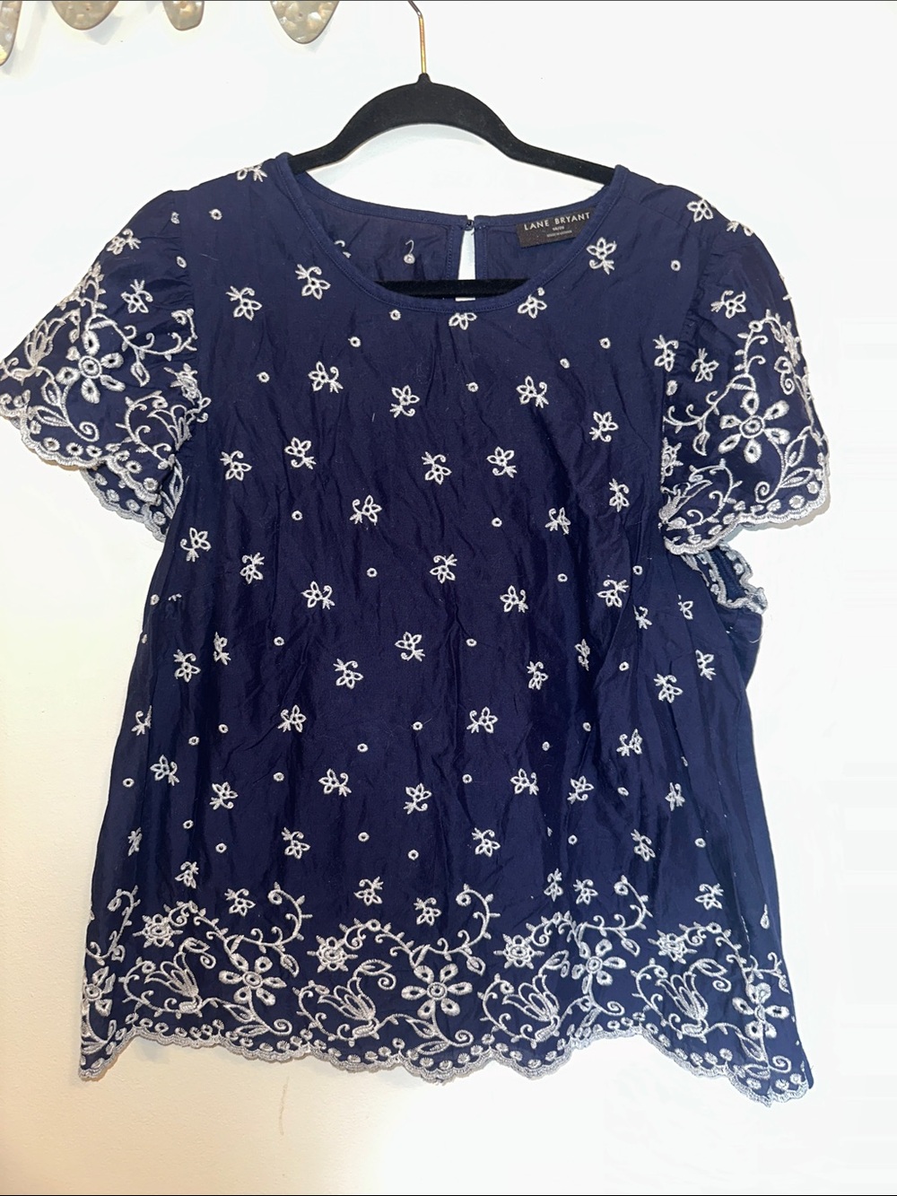 Lane Bryant Navy Blue Embroidered Short Sleeve Blouse